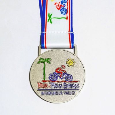 2.5 Inch Round Metal Sports Medal With Heat Transferred Ribbon Matte Nickel Finish