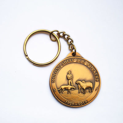 Round Zinc Alloy Vintage Metal Key Chains Antique Gold Commemorative Keychain