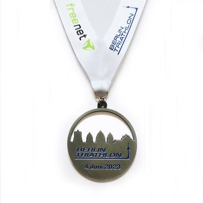Custom Antique Silver Triathlon Medal Zinc Alloy Diecast With Heat Transfer Ribbon