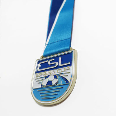 Custom Gold Finish Metal Football / Soccer Champion Medal With Sublimation Lanyard