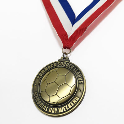 Round Antique Bronze Soccer Metal Sports Medal With 3D Blank Back And Polyester Ribbon