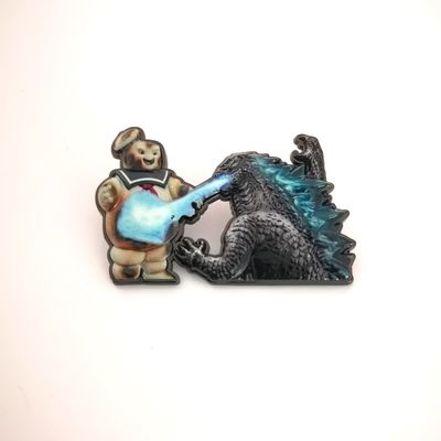 3D Diecasting Godzilla Movie Theme UV Printed Metal Lapel Pin With Rubber Clutches